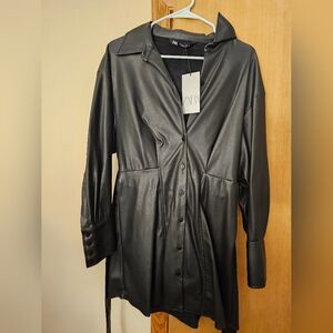 Zara Black Faux Leather Shirt Dress